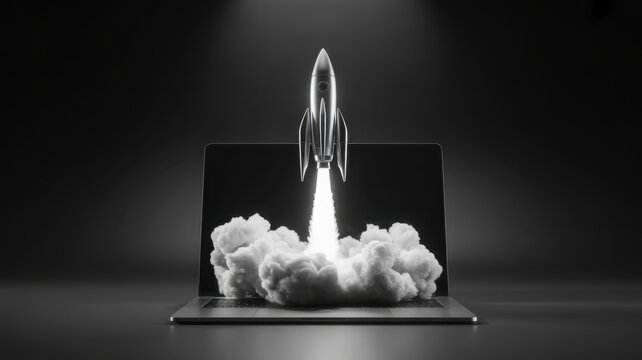 Technology Launch: A monochromatic visual concept shows a rocket blasting off from a laptop. Emphasizing innovation and potential