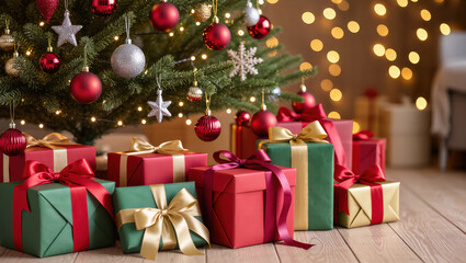 Christmas presents in red and green wrapping with ribbons under decorated tree with lights and ornaments indoors