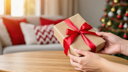 Christmas gift in hands wrapped in craft paper with red ribbon near festive tree and cozy holiday home interior