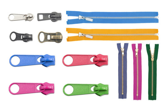 Colorful plastic and metal zippers. Zip fasteners on white background. Sewing and tailoring materials. Clothes repair parts. Multicolored garment accessories. Textile hardware close-up set. - Powered by Adobe