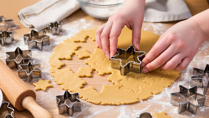 Christmas cookie dough being cut with star-shaped molds by hands on floured wooden surface in festive kitchen setting