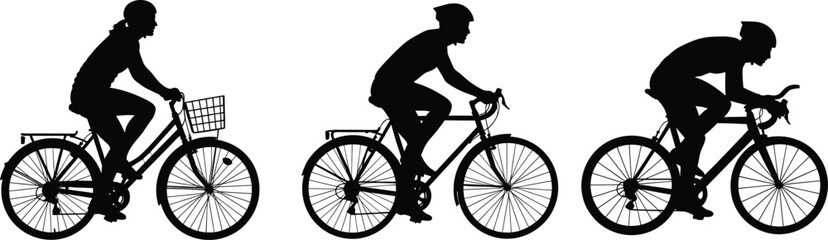 Obraz premium Silhouette Vector of Male and Female Cyclists on Commuter and Racing Bicycles in Motion for Sport, Fitness, and Urban Design
