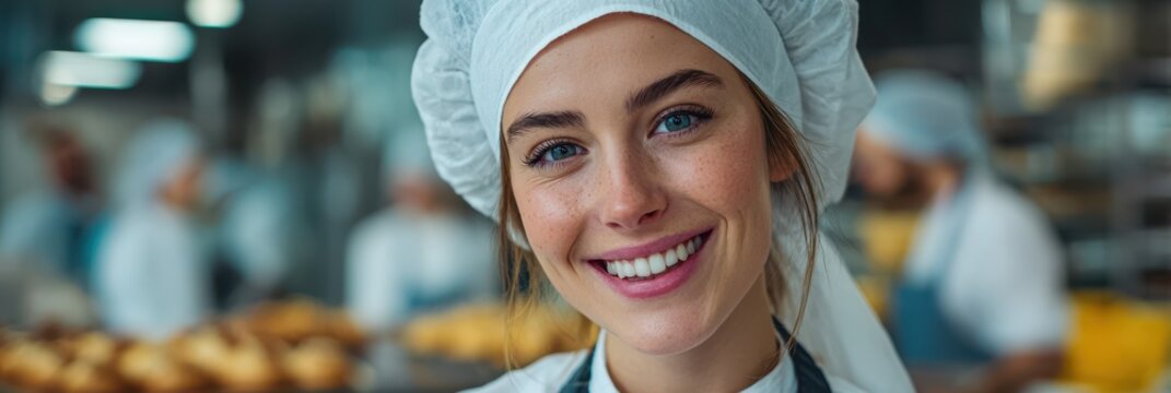 Young baker smiling happily while working in a busy bakery kitchen with fresh pastries around