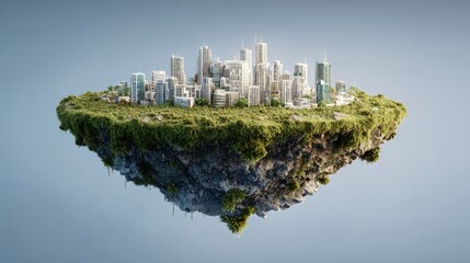 3D Illustration of Floating Island with City Building and Flying Green Grass Field Landscape