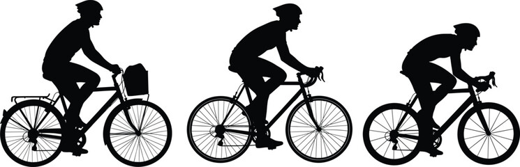 Silhouette Vector of Cyclists Riding Different Types of Bicycles in Motion for Commuting, Fitness, and Road Racing on White Background