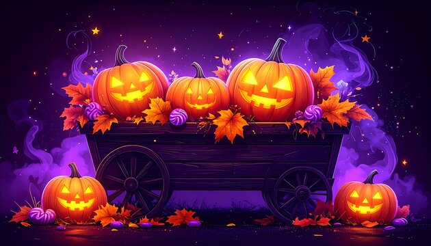 alloween pumpkin cart with glowing jack o lanterns and autumn leaves on dark fantasy background, spooky seasonal decoration for editorial stock design and October fall holiday celebration