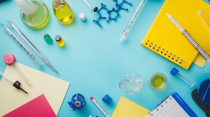 Chemistry focused flat lay colorful notebooks lab instruments learning tools for students back to school science concept
