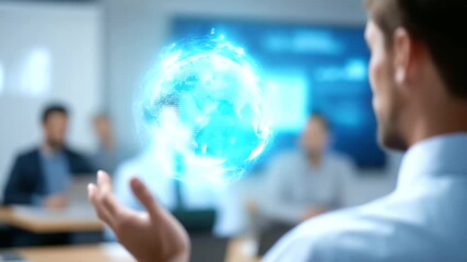 Teacher lectures on AI with futuristic holographic interface and data visualization teaching diverse students in a modern classroom with interactive presentation highlighting - Powered by Adobe