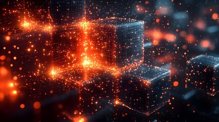 Obraz premium Abstract scene featuring glowing wireframe cubes symbolizing futuristic digital networks data flow and technological innovation