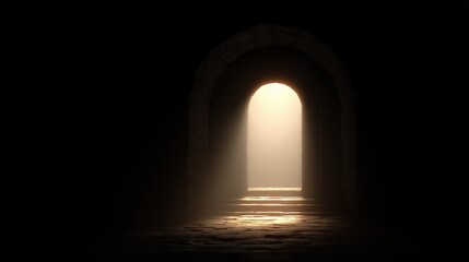 Fototapeta premium A stone archway emerges from darkness, leading to a radiant light, hinting at hope and the unknown.