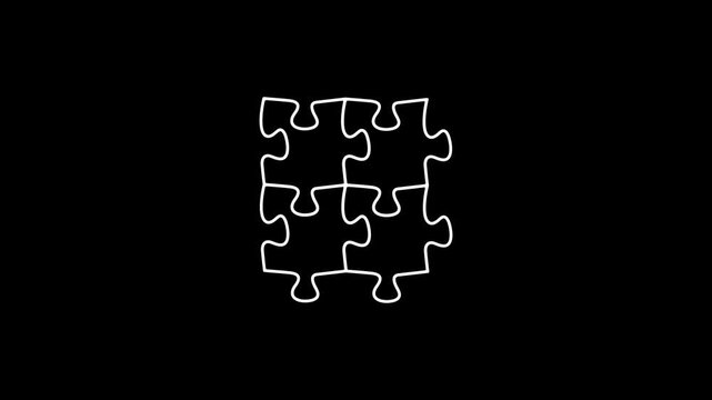 Puzzle, jigsaw, riddle, brainteaser and conundrum, graphic animation. White linear. Alpha channel. Transparent background motion design. 4K resolution