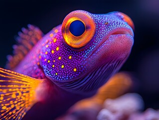Vibrant ro view of an exotic purple and yellow dotted fish with glowing eyes underwater