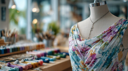 Fashion designer draping fabric over a mannequin, surrounded by colorful threads, measuring tapes, and pins, bright studio with modern creative energy