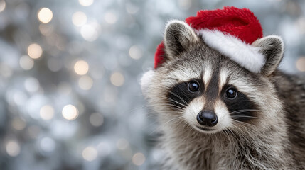 Cute raccoon wearing a bright red Santa hat, playful eyes sparkling, soft beige background with subtle light gradient, holiday-themed cheerful vibe