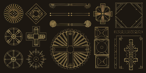 Collection of art deco geometric ornate decorative elements and borders in gold on dark background