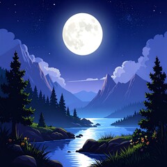 Night landscape with full moon over a river valley. Silhouettes of mountains and trees
