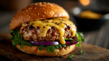 Close-up of gourmet burger with golden melted cheese cascading over succulent patties, fresh vegetables and toasted bun, rustic wood table beneath