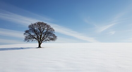 Lonely Bare Tree Standing in Snowy Winter Landscape Under Clear Blue Sky