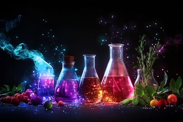 Chemistry themed still life reflective flasks herbs and glowing liquids fusion of science and nature