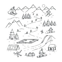 Fototapeta premium Skiing and snowboarding adventure mountain resort illustrative art snowy landscape aerial view winter sports fun. Vector illustration