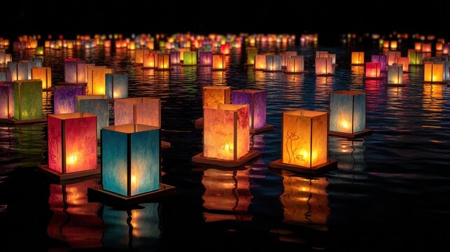 Magical yi peng festival in chiang mai, thailand with colorful paper lanterns floating on water at night, creating a beautiful spectacle
