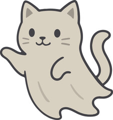 ghost cat with a gentle smile, raised paw, and flowing tail, giving it a playful and friendly look.