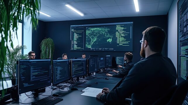 Software developers coding in dark control room