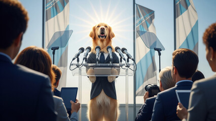 Golden retriever dog delivers a speech at a podium wearing a suit and tie outdoors.