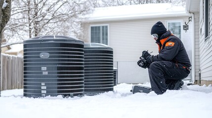 Technician inspecting hvac unit during a snow day