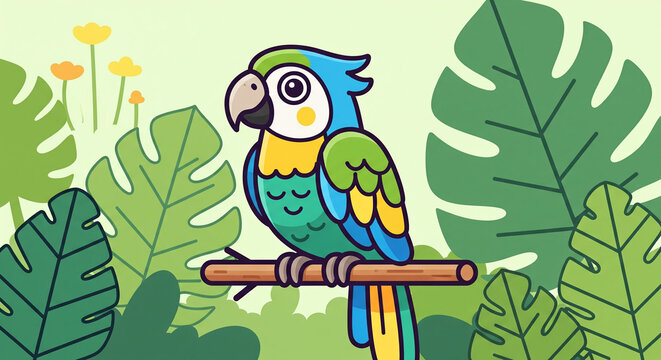parrot vector, cute parrot, colorful bird, tropical leaves, exotic pet, cartoon bird, wooden perch, flat illustration