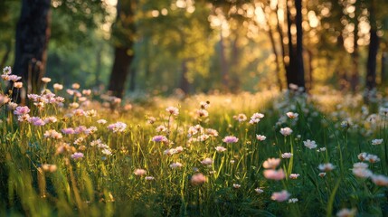 Obraz premium Detailed Picture of Meadow with Blooming Flowers in a Forest Setting isolated on ultra quality image 8k resilution green sunset morning orange vides pastel background.
