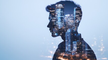 City at night innovation and future possibilities double exposure portrait