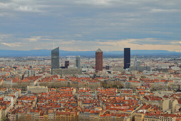 Panorama of historical city center and skyscrapers. Lyon, France
