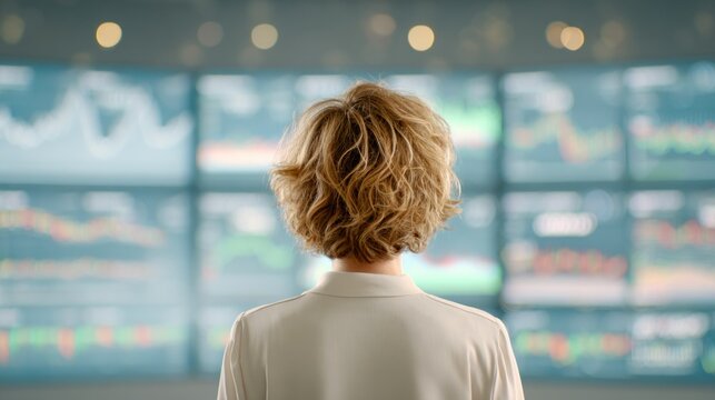 Short-haired person in front of large monitors with graphs