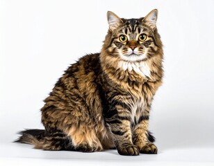 Obraz premium Cute Domestic Cat with Soft Fur Sitting and Looking Curious Isolated on White Background for Animal Object, Pet Concept and Feline Nature Photography