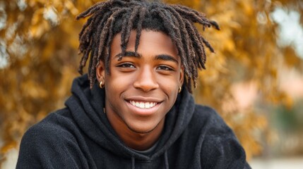 Young Man with Dreadlocks Smiling Outdoors