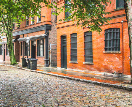 Historic Downton Red Brick Buildings on Cobblestone Street  1830 - 1850  Stone Architecture  Fire Escapes and  Greenery 