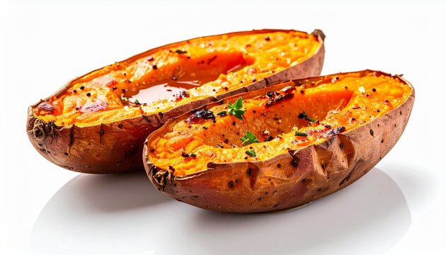 Two Halves of Baked Sweet Potato with Herbs on White Background.