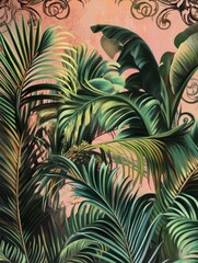 Tropical palm leaves layered with intricate Victorian scrollwork 