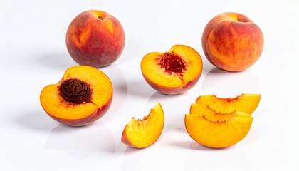 Ripe juicy peaches whole halved and sliced on a reflective white background.