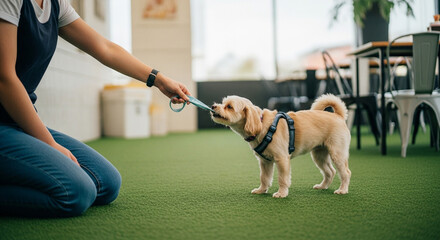 Spirited Small Dog in a Playful Tug-of-War with a Leash on Green Artificial Turf