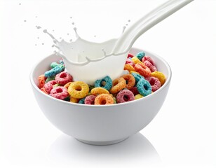 Vibrant colorful cereal loops splashing into a white bowl of milk.