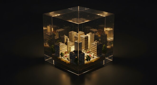A cube of glowing glass revealing a miniature city, symbol of preservation. - Powered by Adobe