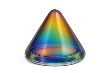 Iridescent glass cone shining with rainbow colors on transparent background