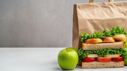 Apple lettuce sandwich with green apple and paper bag
