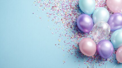Festive Birthday Balloons Confetti Background Pastel Blue