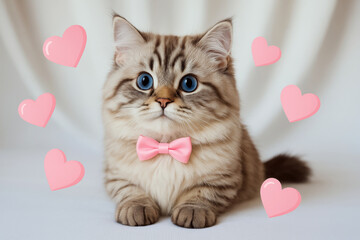 Fluffy cat with blue eyes and pink bow tie surrounded by pink hearts on a white background. Concept of cuteness, love, and charm.