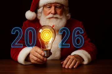 Santa Claus holds a glowing light bulb with "2026" in blue. Concept of future goals and holiday innovation.