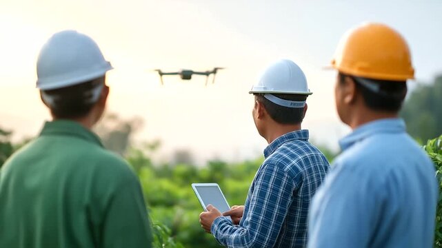 Agtech innovators presenting precision farming solutions through satellite imagery and drone monitoring data with agricultural partners analyzing crop yield optimization algorithm