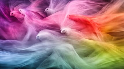 Birds in colorful smoke abstract art